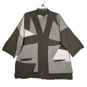H by Halston M Olive Green Patchwork Knit Open Front Cardigan Sweater Oversized‎